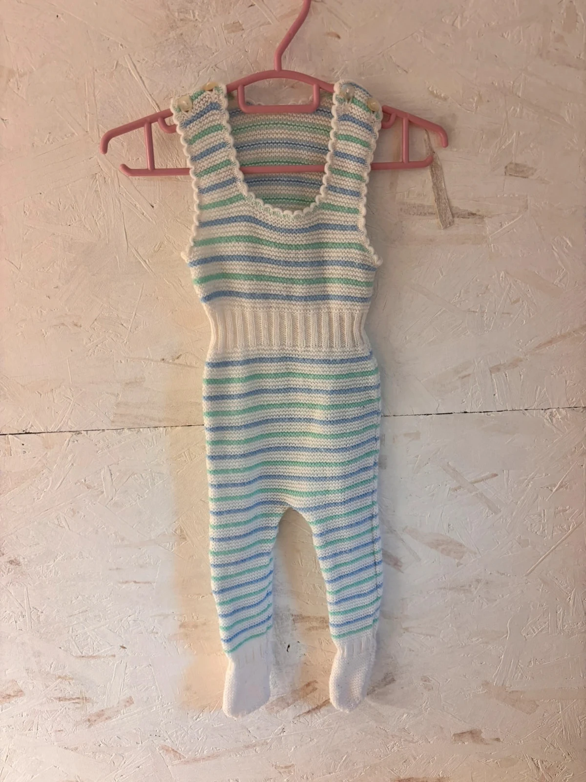 Salopette / Pyjama barbotse en maille tricot rayée – Fait main / Vintage – 1 mois / Naissance